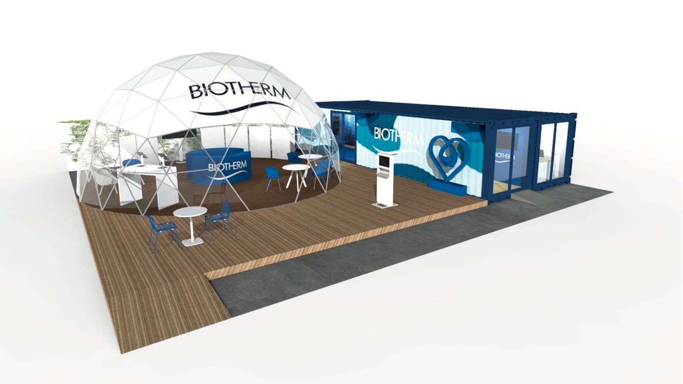 Concept architectural dispositif itinérant Biotherm — Dôme géodésique et conteneurs The Ocean Race